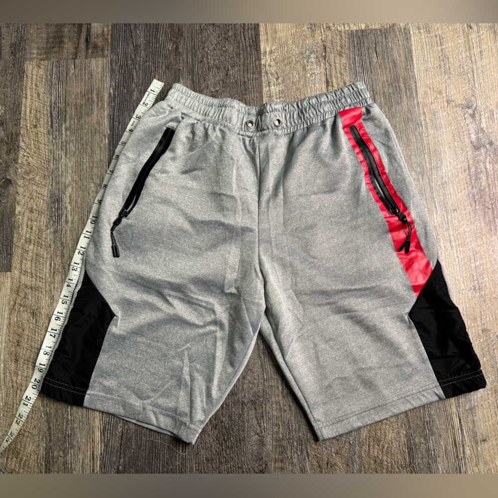 Men’s Medium Gray and Black Athletic Shorts with Red Accents Zip-Up Pockets